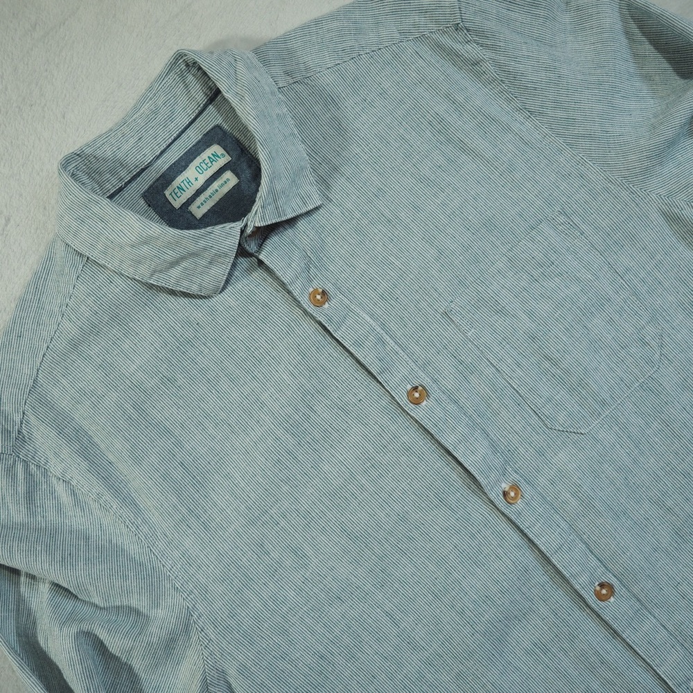 Tenth+Ocean Sz M Light Blue Washable Linen Cotton Blend Striped Casual Men Shirt